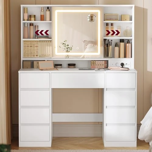 VASAGLE KAILYN Collezione - Toeletta con Specchio LED, Multipresa, 9 Cassetti, Specchio 10x, Portagioielli, Illuminazione a 3 Colori, Montaggio Binari Senza Attrezzi, Bianco Nuvola RDT137W01