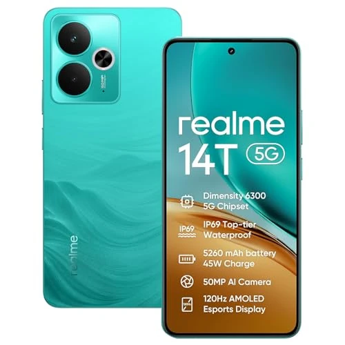 realme 14T 5G Smartphone 8+256 GB, chipset 5G Dimensity 6300, Ai 50 MP camera, Super AMOLED-display, 6,67 inch 120 Hz, massieve batterij 5260 mAh, Dual-SIM, NFC, groen