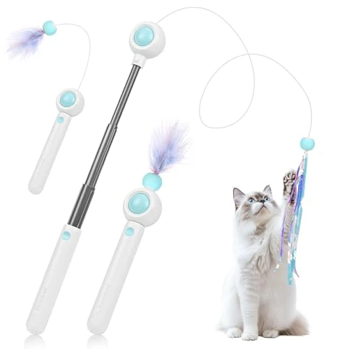 Gerbala Interaktives Katzenspielzeug Feder, Katzenspielzeug Set mit Einziehbare Stangen, 2 Stück Ersatzköpfe, Skalierbar Stangen Katzenangel Stabil Kätzchen Zauberstab Cat Toys (Blau)