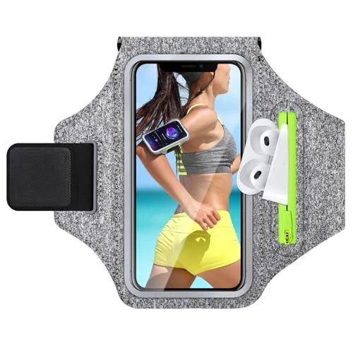 GlasFlength Bracciale sportivo universale per cellulare da jogging con custodia per cellulare per iPhone 15/14/13/12/Samsung Galaxy S24/S23 Huawei Xiaomi (bianco grigio canapa)