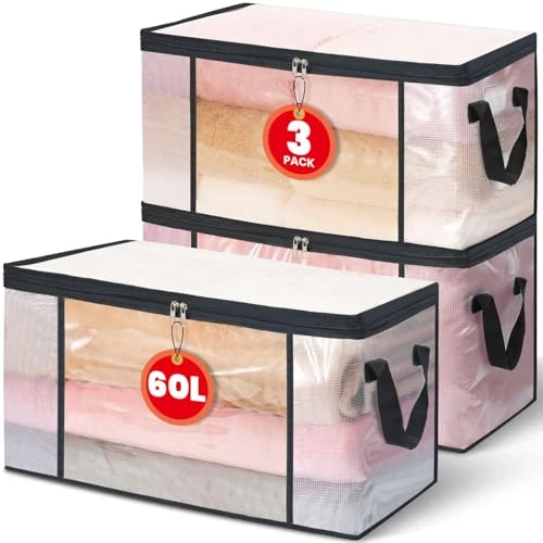 NEWSONA Lot de 3 Sacs de Rangement Vetement Transparente 60L – Boîte de Rangement Sous Lit/Armoire,Housse Rangement Couette Organisateur de Placard, Pliable avec Fermeture Éclair et Poignées