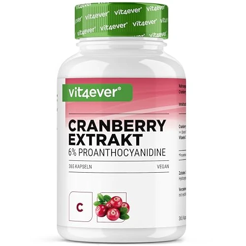 Offre limitee: Extrait de canneberge + Vitamine C – 365 gélules de canneberge – Extrait 25:1, équivalent à 25.000 mg – 6% proanthocyanidines – Hautement dosé, sans additifs indésirables, végan de 24.99 EUR a 20.17 EUR (economie 19%)