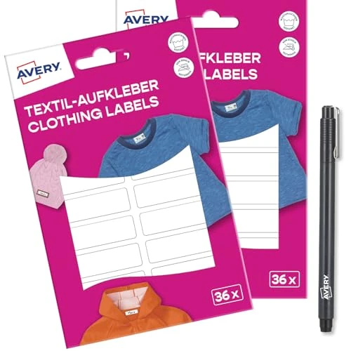 AVERY Zweckform ETVET36XPEN zestaw naklejek z imieniem, wodoodporne, na ubrania, 72 sztuki (13 x 45 mm, folia winylowa, samoprzylepne etykiety do tekstyliów, do pisania, do pralki, suszarki), białe