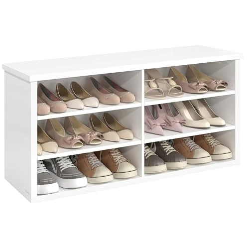 VASAGLE Panca Scarpiera, Scarpiera Ingresso, 6 Scomparti, Ripiani Regolabili, per Soggiorno Corridoio, 29,5 x 100 x 50 cm, Bianco Nuvola LSB036W01