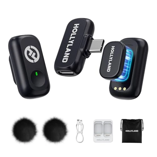 Hollyland Lark A1 Mini Duo draadloze micro-stropdas voor iPhone 15/16/17 en Android - 48 kHz/24-bits audio, 3 niveaus intelligente ruisonderdrukking, voor YouTube, podcast(Zwart, 2TX+USB-C RX)