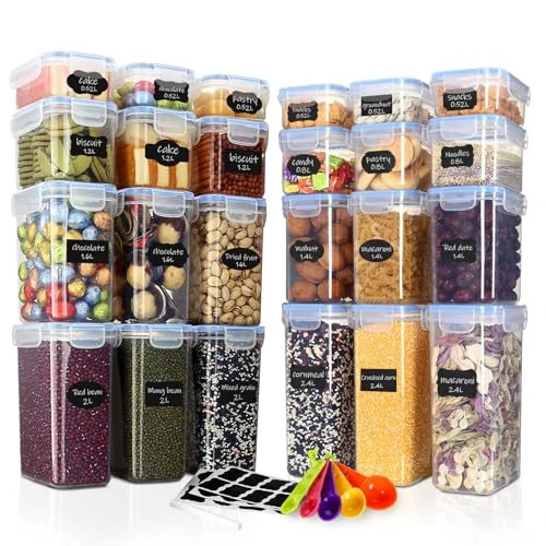 Ordeluxe Zestaw 24 Pojemników Kuchennych - 7 Uniwersalnych Rozmiarów, Idealny do Makaronu 25cm, Szczelny, Bez BPA - Z Miarkami i Etykietami