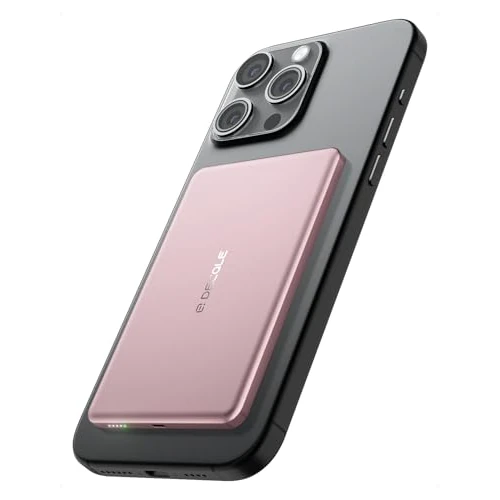 decqle “Air” Powerbank per MagSafe, 5000mAh Ultra Sottile Batteria Integrata Caricatore Portatile Wireless con Cavo USB-C, Solo per iPhone serie 17/16/15/14/13/12 (Rosa)