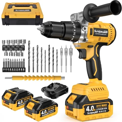 Limitiertes Angebot: SundpeyPRO Akkuschrauber mit Schlagbohrfunktion 21V - 120Nm Bürstenloser Akku Schlagbohrschrauber Set mit 2x4Ah Akkus, 20+3 Drehmomentstufen Akku bohrmaschine, 13mm Bohrfutter, 2 Gang, 35-tlg Zubehör von 79.99 EUR auf 67.99 EUR (Spare 15%)