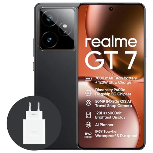 realme GT7 5G Smartphone, 12 + 256 GB, 7000 mAh batterij, 120 W opladen, Dimensity 9400e Chipset, IMX906 50MP camera, AI Planner, 6000nits Pro-Esports 120Hz Display, IP69, Zwart, Amazon Exclusive
