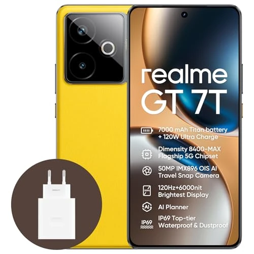 realme GT 7T 5G smartphone, 12 + 256 GB, 7000 mAh batterij, 120 W opladen, Dimensity 8400-MAX chipset, IMX896 50MP camera, AI Planner, 6000nits Pro-Esports 120Hz display, IP69, geel, Amazon Exclusive