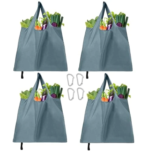 4 szt. Niebieskich poliestrowych toreb na zakupy, 55 x 43 cm, przyjazna dla środowiska torba na zakupy z karabińczykami, duża składana torba na zakupy z uchwytem, zmywalne i trwałe torby na zakupy
