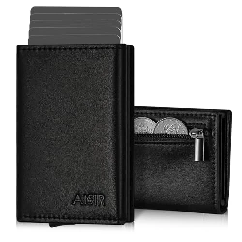AISIR Etui na karty kredytowe, portfel męski, cienki portfel męski z ochroną RFID, męski mini portfel z przegródkami na banknoty i przegródką na monety (czarny), czarne, Nowoczesny