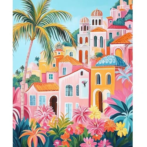 Tijdelijke aanbieding: NEWENMO Kleurrijke huizen schilderen op nummer volwassenen, palmverf op nummer, set voor volwassenen, bloemen schilderen op nummer, set met kwasten en acrylpigment, voor woondecoratie, 40 x 50 cm van 7.99 EUR naar 7.99 EUR (korting 0%)