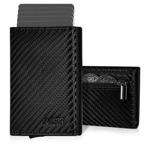 AISIR Credit Card Holder, Men's Wallet, Slim RFID Protection, Men's Mini Wallet with Banknote Compartment and Coin Compartment (Carbon Black), Black, Modern
