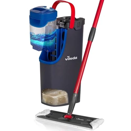 Vileda H2Pro Sistema de mopa Plana, Separación de Agua Limpia y Sucia, Diseño Que Ahorra Agua, Manejo con una Sola Mano, Almacenamiento Compacto, Mango ergonómico, Potencia de Microfibra