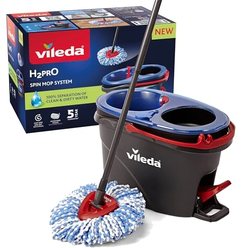 Vileda H2PrO Spin mop Wischmopp Set mit Eimer| 100% Trennung von Frisch- und Schmutzwasser | Innovatives Zweitanksystem mit Auswringfunktion | Müheloses Auswringen | Mikrofaserreinigung | Ergonomisch