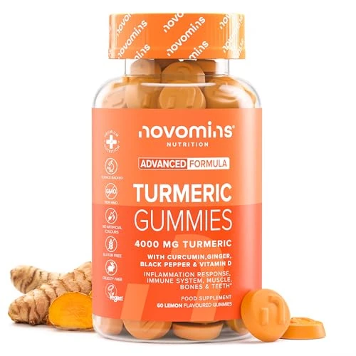 Kurkuma Gummies – 4000 mg Hochdosiert mit Ingwer, Curcumin, Schwarzem Pfeffer & Vitamin D – Curcuma Für Gelenke, Immunsystem & Knochen – Alternative zu Kurkuma Kapseln und Pulver – 60 Stück – Novomins