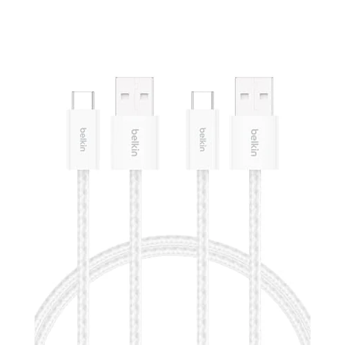 Offerta a tempo: Belkin Confezione da 2 cavi intrecciati da USB-A a USB-C da 1,5 m, 15 W, cavo flessibile per ricarica rapida, cavo Type-C per iPhone 17 e iPhone 16 series, Galaxy S25, Pixel 10, iPad Pro ecc., bianco - 38% da 12.99 € a 7.99 €