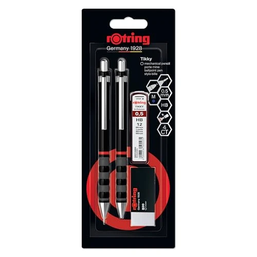 Offerta a tempo: rOtring Tikky Set matita meccanicapenna a sferagomma e ricariche mina | Mina HBmatita 0,5 mm | Penna a punta media | Fusto nero | Leggera con impugnatura in gomma - 27% da 6.85 € a 4.97 €