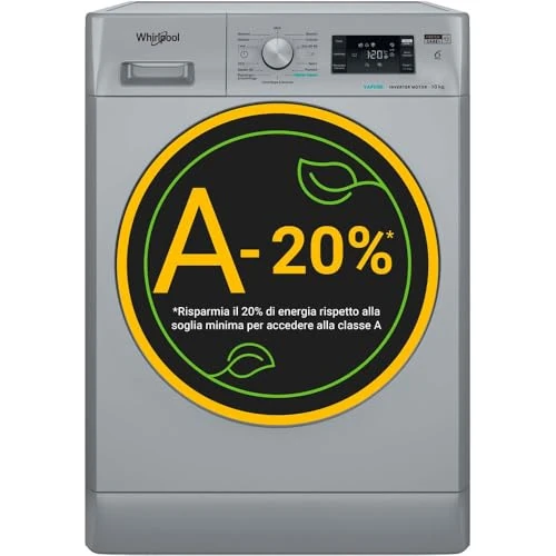 Offerta a tempo: Whirlpool FFB 108 SILVER IT - Lavatrice 10 kg Libera Installazione, Carica Frontale, 1400 Giri/Min, Classe A-20%, Tecnologia 6° SENSO, Refresh Vapore, FreshCare+, Argento, 85 x 59,5 x 60,5 cm (AxLxP) - 19% da 419.00 € a 339.90 €