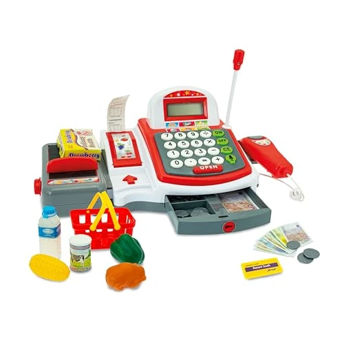 Teorema Giocattoli, Cassa Giocattolo per Bambini, Registratore di Cassa Giocattolo con Scanner Luci e Suoni, Calcolatrice Vera, Scontrino Estraibile e Accessori Supermercato Inclusi