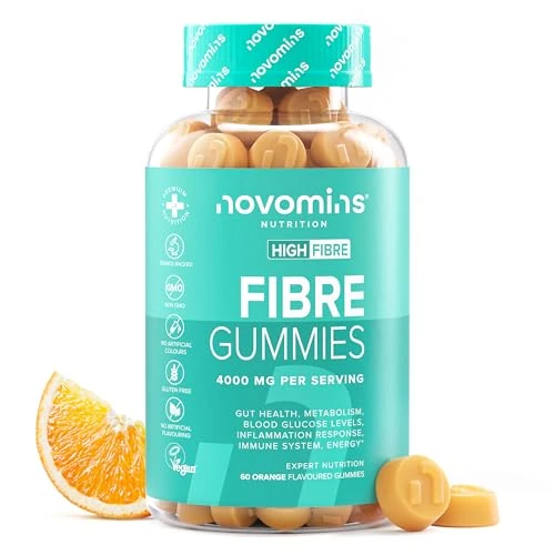 Gommose di fibre – 4000 mg ad alto contenuto di fibre – integratore di fibre con calcio per la normale funzione digestiva – con vitamina D, vitamina B12, cromo e inulina – 60 gommose – Novomins