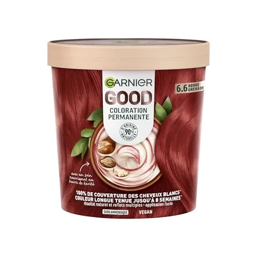Garnier - Tinte permanente para el cabello - Sin amoniaco - 90% ingredientes de origen natural y fórmula vegana - Manteca de karité - Cobertura 100% para cabello blanco - Granada roja (6,6) - Good