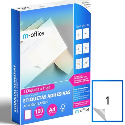 Offerta a tempo: M-office Etichette Adesive A4 Compatibili con Label Printer – Fogli Adesivi, Etichette Bianche per Uso Quotidiano, Carta Adesiva Stampabile per Scrivere (1 etichetta per foglio, 100 fogli) - 0.00% da 8.15 € a 8.15 €