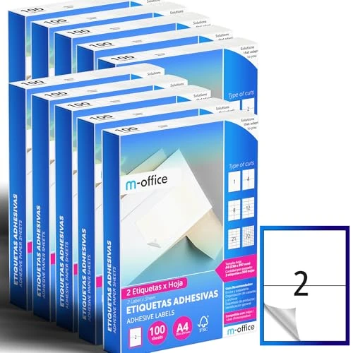 Offerta a tempo: M-office Etichette Adesive A4 Compatibili con Label Printer – Fogli Adesivi, Etichette Bianche per Uso Quotidiano, Carta Adesiva Stampabile per Scrivere (2 etichette per foglio, 1000 fogli) - 0.00% da 163.07 € a 163.07 €