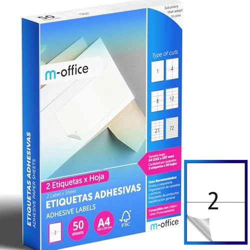 Offerta a tempo: M-office Etichette Adesive A4 Compatibili con Label Printer – Fogli Adesivi, Etichette Bianche per Uso Quotidiano, Carta Adesiva Stampabile per Scrivere (2 etichette per foglio, 50 fogli) - 0.00% da 5.54 € a 5.54 €