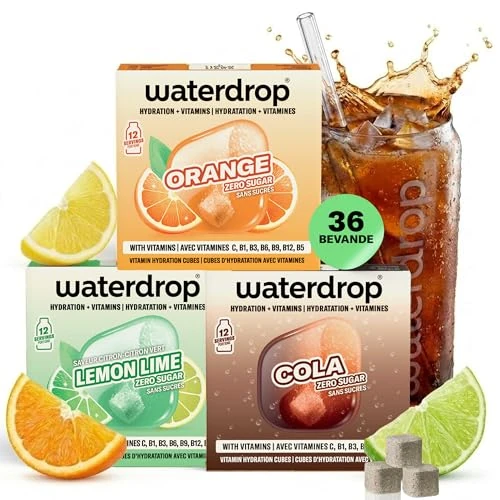 Offerta a tempo: waterdrop® Set Microdrink, ARANCIA, COLA e LIME, 36 cubetti effervescenti, insaporitore acqua senza zucchero per aromatizzare l'acqua, Estratti di frutta, Acqua Aromatizzata, infusione a freddo - 22% da 26.97 € a 21.06 €