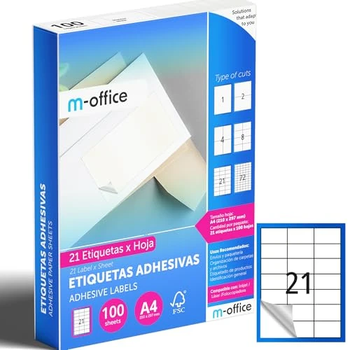 M-Office Self Adhesive Labels - Printable White Multiple School Labels for Jars and Notebooks Daily Useful Stickers (21 Labels Per Sheet, 100 Sheets)