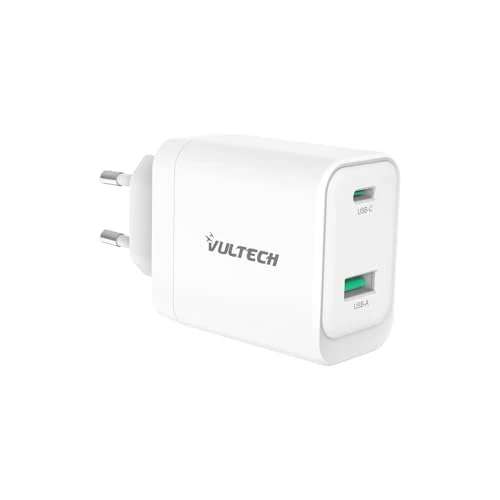 VulTech CC45-1C1A - Cargador Universal de 45 W GAN USB + Type-C/USB-C PD3.0 QC3.0 PPS, Compatible con Smartphone, Tablet y portátil, Color Blanco, Compacto