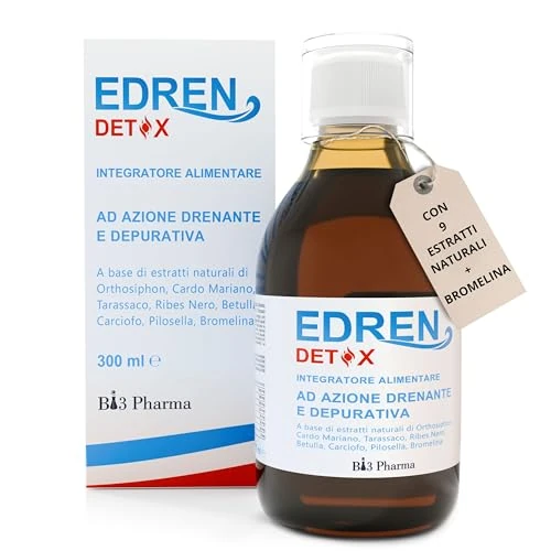 Edren Detox Entwässerungsmittel, stark abnehmen | Starkes Drainage mit Ortosifon, Löwenzahn, Mariendistel, Detox Leber und Darm für Retention, Cellulite, leichte Beine | Zitrusgeschmack 300 ml