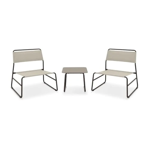 Zendea Salón de jardín Exterior Cannes – Juego de Mesa y sillas de Exterior de Acero marrón Oscuro con sillones de textileno Beige y Mesa Cuadrada de Cristal Templado, Juego de jardín Exterior