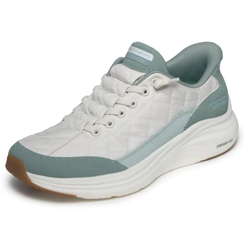 Oferta limitada: Skechers Mujer Contour Foam In Motion Slip-In ENTRENADOR, Off White Mesh/Sage Duraleather/Leather/Trim, 39 EU de 89.95 € a 51.97 € (ahorro 42%)