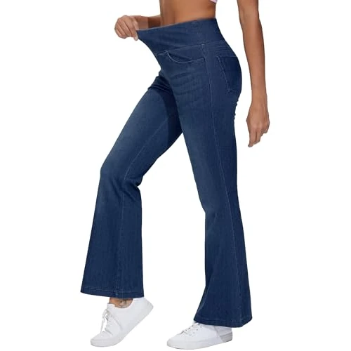 Zeitlich begrenztes Angebot: THE GYM PEOPLE High Waist Bootcut Jeans Damen Bauchkontrolle Weites Bein Flared Hose Jeggings mit Taschen/Dark Blue/M von 34.99 € auf 34.99 € (0.00% Rabatt)