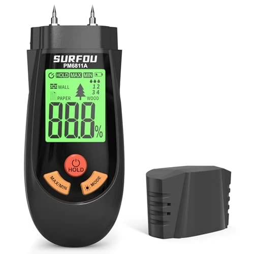SURFOU Moisture Meter for Wall, Wood, and Paper, Digital Damp Tester with 3 Modes, LED Display & 3-Color Alarm. Ideal for Construction, DIY, and Renovation