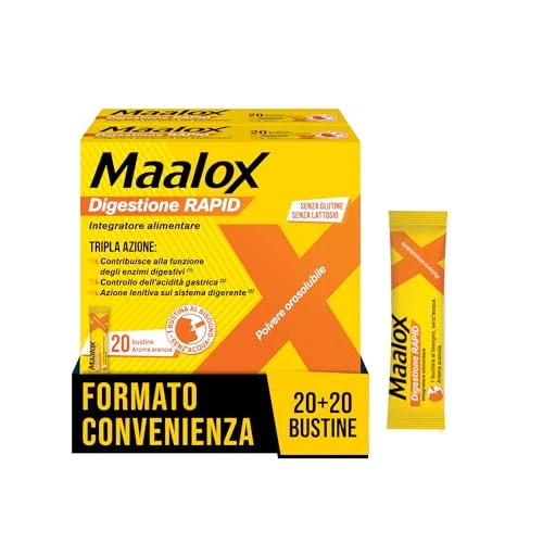 Offerta a tempo: Maalox Digestione RAPID, Integratori, Cattiva Digestione, Acidità di Stomaco – Per Adulti e Bambini 6+, Gravidanza, Senza Glutine e Lattosio (20+20 Bustine) — 25% da 19,90 € a 14,90 €