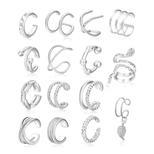 TPZORJX 15Pcs Boucles d'oreilles pour femme Faux Piercing Oreille Réglables Ear Cuff Cartilage Clips Oreilles non Percées Manchette Oreille Boucle Oreille Sans Trou Boucle d'Oreille Clip Femme,Argent