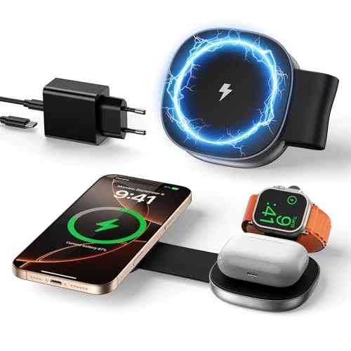 3 in 1 Charging Station for iPhone 16/15/14/13/12 Series, Foldable Travel Charger for Multiple Devices for AirPods 4/3/2/Pro, Wireless Charger Magnetic Charging for Apple Watch