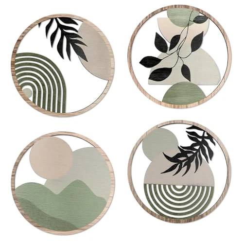 DETENE 4 stuks houten boho-wanddecoratie hout, moderne wanddecoratie, woonkamer, minimalistische muurkunst voor kunst, woonkamer, boerderij, kleuterschool (uitgehold groen)
