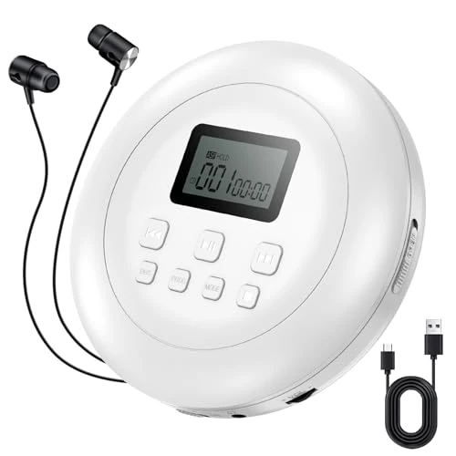 Gueray Przenośny odtwarzacz CD, osobisty odtwarzacz CD ze słuchawkami, wyświetlacz LCD, ochrona HiFi, klasyczny odtwarzacz muzyki CD, do samochodu, domu, biały