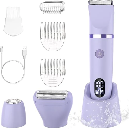 Offerta a tempo: Rasoio elettrico per donna Viso Bikini Corpo Tagliapeli corporeo per donna Epilatore per zona bikini Bikini-Trimmer Impermeabile IPX7 Display LCD Uso a secco/bagnato,Lilla - 10% da 24.99 € a 22.55 €