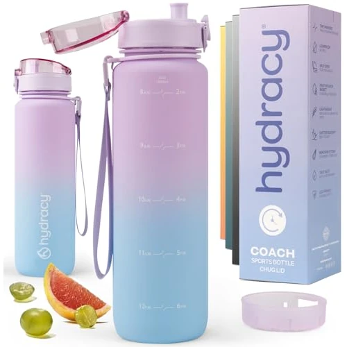 Hydracy botella de agua con marcador de tiempo - Botella grande de 1 litro con gradiente libre de BPA - Botella de gimnasio a prueba de fugas con infusor de frutas, colador y horarios para beber