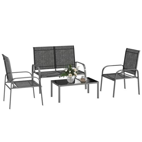 Offerta a tempo: Outsunny Set Salotto da Giardino da 4 Pezzi, con Divanetto da Esterno a 2 Posti con Schienale Regolabile, 2 Sedie e Tavolo da Caffè in Vetro, Set di Mobili Impermeabile in Acciaio e Textilene, Nero - 23% da 138.95 € a 107.15 €
