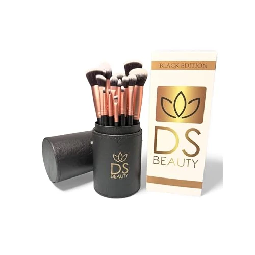 Offerta a tempo: DS BEAUTY Set di 14 Pennelli Make Up Professionali - Morbidi, Ipoallergenici, per Fondotinta, Ombretti e Cipria in Custodia Elegante e Portatile a Tubo - Ideale per Principianti ed Esperti (Nero) - 20% da 15.00 € a 12.00 €