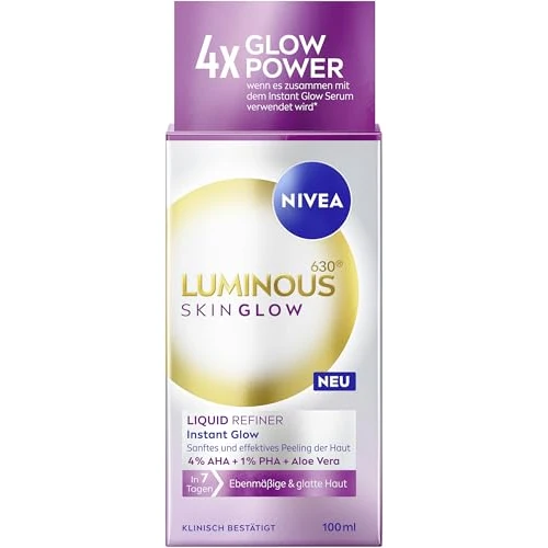 NIVEA LUMINOUS630 Skin Glow Liquid Refiner, exfoliante suave y eficaz AHA para una piel uniforme y lisa, cuidado facial refinado de los poros con 4% AHA, 1% PHA y aloe vera (100 ml)