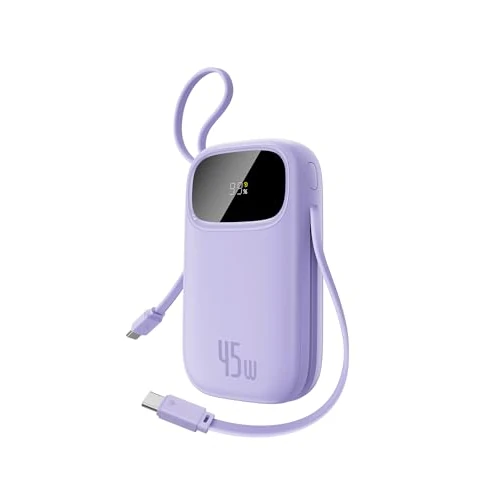Baseus Powerbank 45W 20000mAh con 2 Cavi USB-C Integrati, Ricarica Rapida Power Bank PD3,0 QC4,0, 3 USB-C, 1 A, Caricatore Portatile per iPhone 16/15/14 Pro Max, iPad, Samsung, Viola