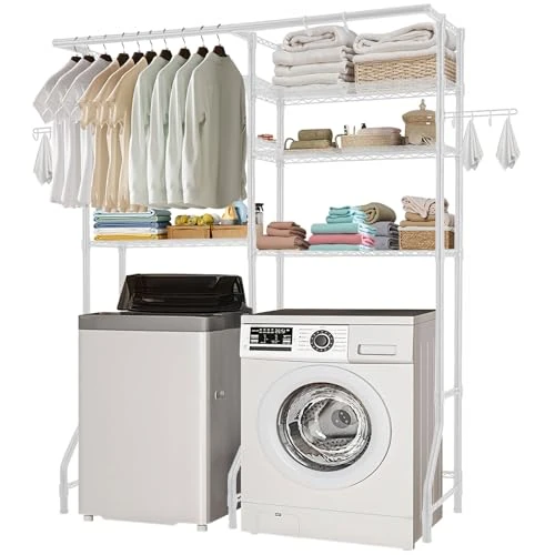 Beperkte aanbieding: VEVOR Opbergrekken voor wasmachine en droger, 6-traps droogrek met kledingstang en haken, dubbele rijen en verstelbare wasmachinerekasten voor opslag en organisatie, wit van 106.00 EUR naar 106.00 EUR (besparing 0%)